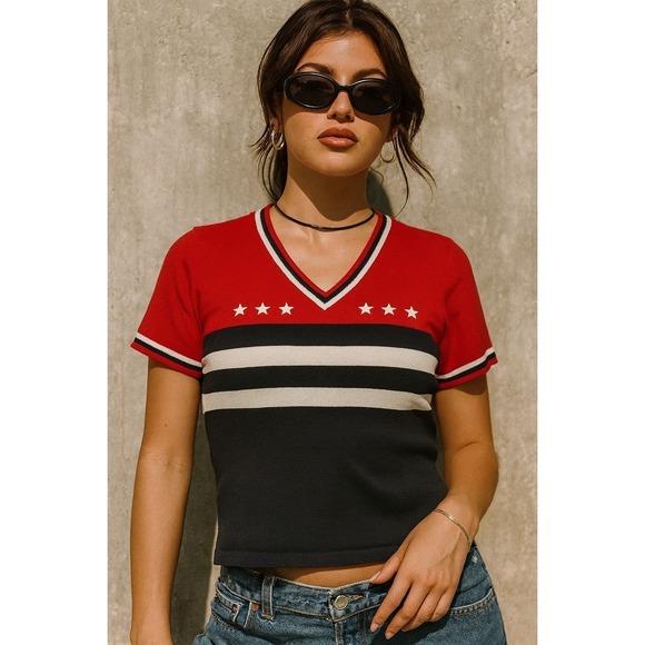 Vintage Sweaters - Vintage V-Neck Sweater Top Small Red Blue Short Sleeve Stars Stripes 90s Y2K